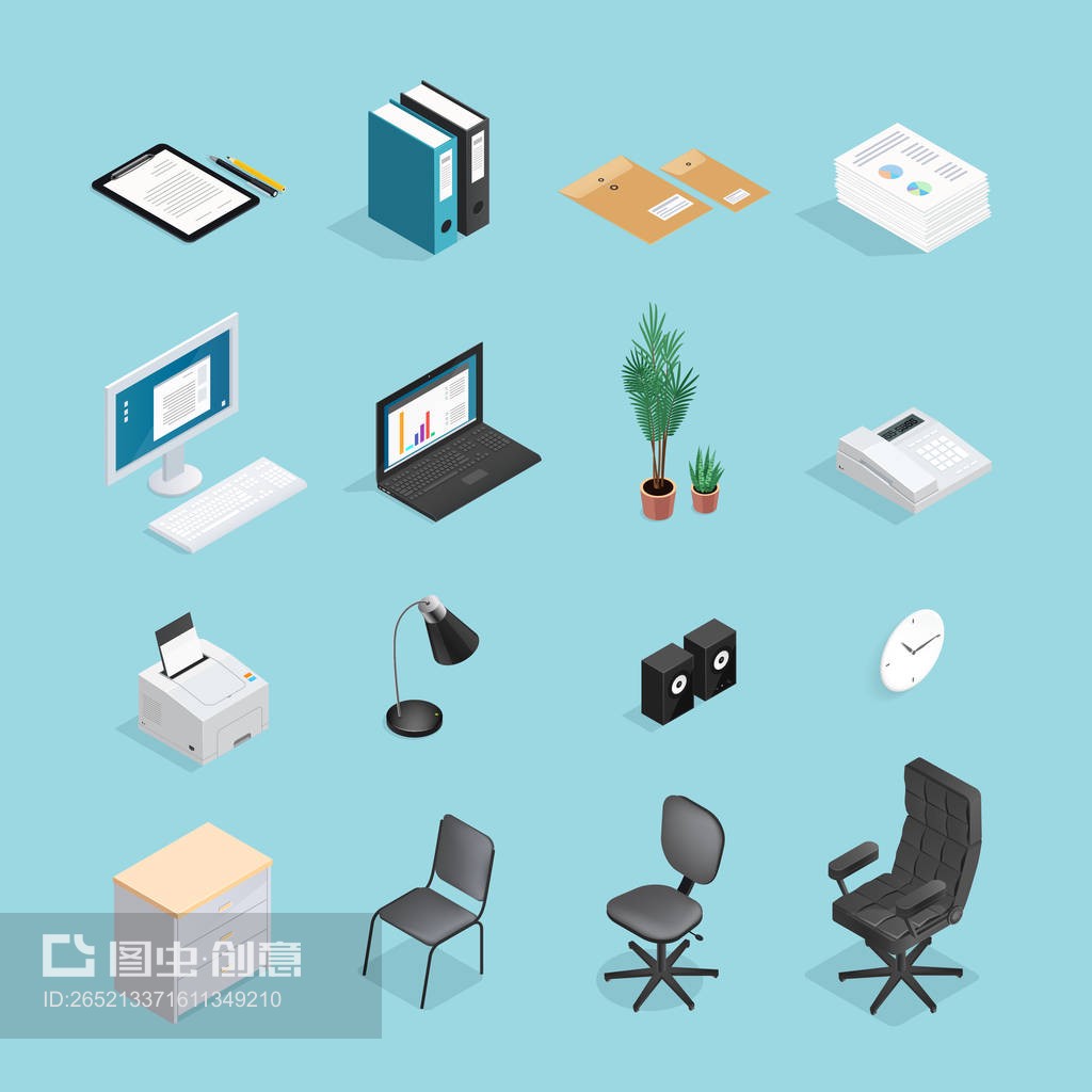 办公用品类比图标集Office Supplies Isometric Icon Set