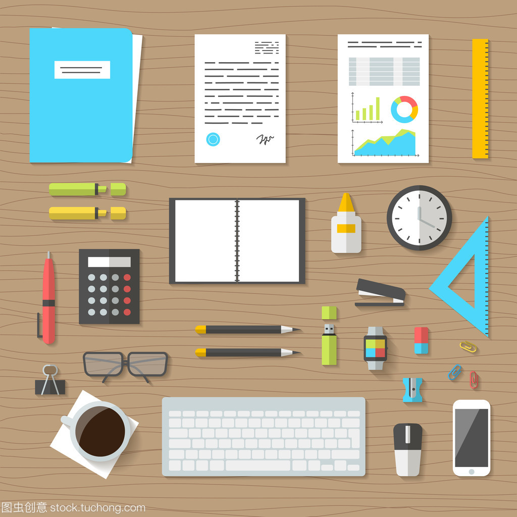 现代平面图标与长影设计 办公用品矢量图的美学与应用